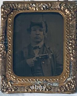 1800's 1/9 Plate Daguerreotype Photograph Young War Era Soldier with Revolver Gun