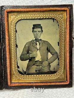 1800's Antique Civil War Confederate VA Rebel Solider Ambrotype In Leather Case
