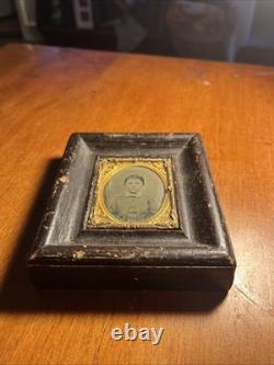1800's Civil War Wood Framed Daguerreotype with Brass Mount Victorian Antique