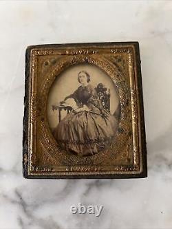 1800's ambrotype civil war era seated woman leather & wood back hooked frame