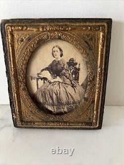 1800's ambrotype civil war era seated woman leather & wood back hooked frame