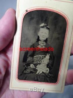 1800s RARE ANTIQUE TINTYPE PHOTO Civil War Era Girl and ANTIQUE DOLL
