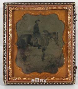 1860's CIVIL WAR TINTYPE PHOTO OF UNION CAVALRY SOLDIER WITH HIS HORSE OUTDOORS