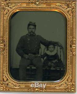1860's CIVIL WAR UNION YANKEE SOLDIER DAUGHTER 1/6th PLATE GUTTA PERCHA TINTYPE
