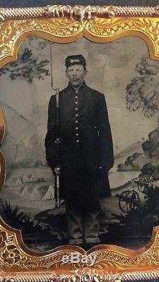 1860's Tintype Civil War Soldier Encampment Cannons Backdrop Springfield Rifle