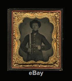 1860s Ambrotype 2x Armed Confederate Civil War Soldier Photo Bowie Knife & Gun
