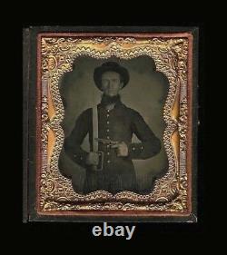 1860s Ambrotype 2x Armed Confederate Civil War Soldier Photo Bowie Knife & Gun
