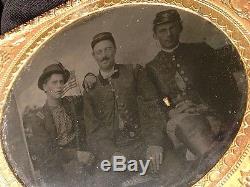 1860s CIVIL WAR 1/4 Tintype 3 BROTHERS In ARMS Cavalry Men & FLAG in Backdrop