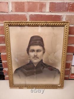 1860s Civil War Union Soldier Large Framed Crayon Portrait Photo Please READ