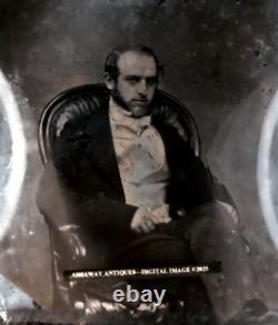 1860s Glass Negative CDV PHOTOGRAPH of MAN in CIVIL WAR era CHAIR w SIDEBURNS