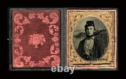 1860s Photo 2x Armed Civil War Soldier Wearing Corps Badge, Painted Backdrop