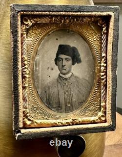 1860s Tintype Civil War Soldier in Gray Painted Shirt Confederate Zouave
