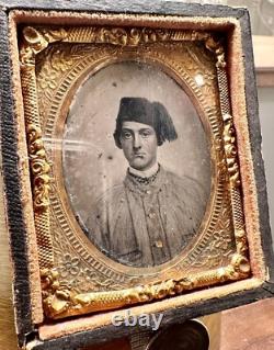 1860s Tintype Civil War Soldier in Gray Painted Shirt Confederate Zouave