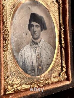 1860s Tintype Civil War Soldier in Gray Painted Shirt Confederate Zouave