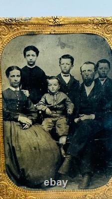 1860s Tintype Family Portrait Mother Father Children Gilt Ornate Frame 1/4 plate