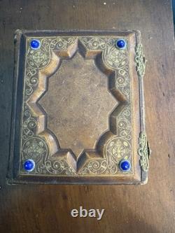 1866 Civil War Era Photo Album. Ornate Leather with Brass Clasps & Blue Jewels