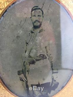 1/2 plate Ruby Ambrotype of Civil War Confederate Soldier Triple Armed Bowie