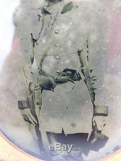 1/2 plate Ruby Ambrotype of Civil War Confederate Soldier Triple Armed Bowie