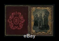 1/4 Ambrotype Photo of Three Civil War Drummer Soldier Boys with Rifles & Drum