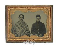 1/4 Plate Civil War Tintype of Young Union Soldier Posed with Mother