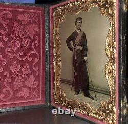 1/4 Tintype Photo Armed Civil War Soldier Sword Tinted Officer of the Day Sash