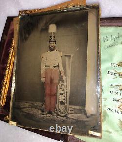1/4 tinted ambrotype civil war soldier musician holding OTS saxhorn