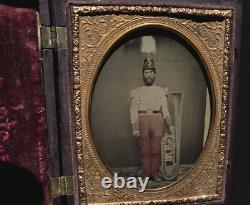 1/4 tinted ambrotype civil war soldier musician holding OTS saxhorn 1860s Photo