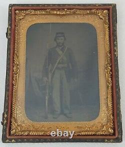 1/4th Plate Tintype US Civil War Soldier Armed Stamp on Back Union