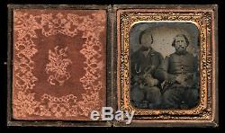 1/6 Ambrotype Photo Two Double Armed Civil War Soldiers Gun, Swords