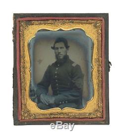 1/6 Plate Civil War Ruby Ambrotype Bearded Union Captain Half Leather Case