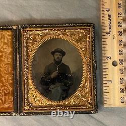 1/6 Plate Tintype Photo Civil War Uniform Union Soldier Full Union Case Painted