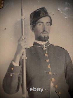 1/6 Tintype Armed Civil War Soldier Holding Rifle, Tinted Zouave 1860s Photo