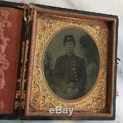 1/6th Plate Tintype of Civil War Soldier with Eagle Shield Leather Case Color