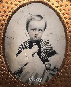 1/9 Plate Ruby Ambrotype CIVIL War Era Boy Holding American Flag & An Apple