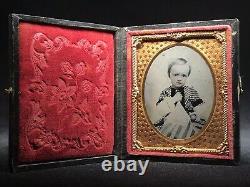 1/9 Plate Ruby Ambrotype CIVIL War Era Boy Holding American Flag & An Apple