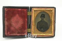 1/9th Ambrotype Photograph Young Ethnic Civil War Soldier Armed Knife in Case