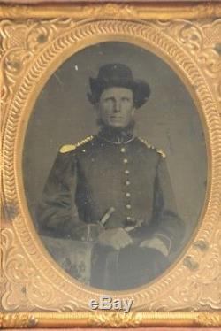 1/9th Plate Tintype Photo Civil War Union Cavalry Officer Armed with Union Case