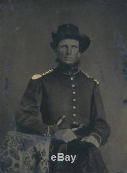 1/9th Plate Tintype Photo Civil War Union Cavalry Officer Armed with Union Case
