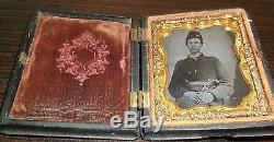 1/9th Plate Tintype of Civil War Union Soldier withPistol & Knife in belt