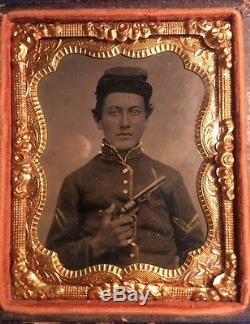1/9th plate tintype of Civil War NC militia corporal with cocked Colt pistol
