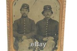 2 Antique Civil War Era Photos 1/6 Tintypes Solider Buddies Sit Together