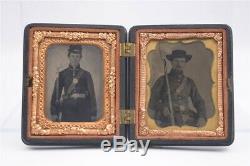 2 Antique Civil War Era Photos 1/9 Tintypes Soldiers with Rifles Patriotic Case