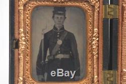 2 Antique Civil War Era Photos 1/9 Tintypes Soldiers with Rifles Patriotic Case