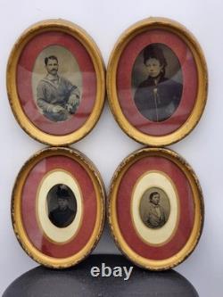 4 Vintage Tintype Soldier Military Family Pics Mat/Glass/Frame Case's 1855-1875