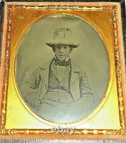 6th P. Rare Ambrotype Photo Civil War Era Southern Man Wearing Flour for Cash Hat