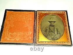 6th P. Rare Ambrotype Photo Civil War Era Southern Man Wearing Flour for Cash Hat