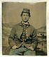 6th Plate Tintype Of Civil War Soldier, Camp Background, Tinted Blue Pants, Gilt