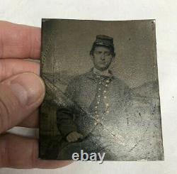 6th Plate Tintype of Civil War Soldier, Camp Background, Tinted Blue Pants, Gilt