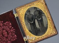 ANTIQUE TIN TYPE CIVIL WAR Photo Two Union Soldiers Standing Pistol Gun Muskets