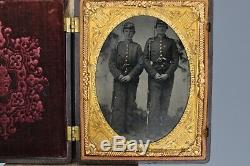 ANTIQUE TIN TYPE CIVIL WAR Photo Two Union Soldiers Standing Pistol Gun Muskets